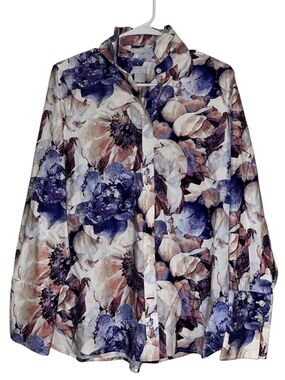Chico’s Women’s Purple Multi Button Down Floral Shirt in Non-Iron Fabric Sz-M